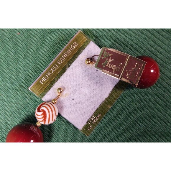 By Hugo Red & White Graduated Bead Necklace & Earrings Set W/ 14K Post, Vintage - Picture 6 of 9